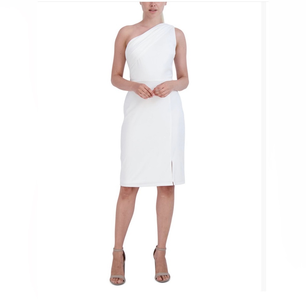 Laundry by Shelli Segal Pleat-Neck One-Shoulder Dress in Ivory Size 10